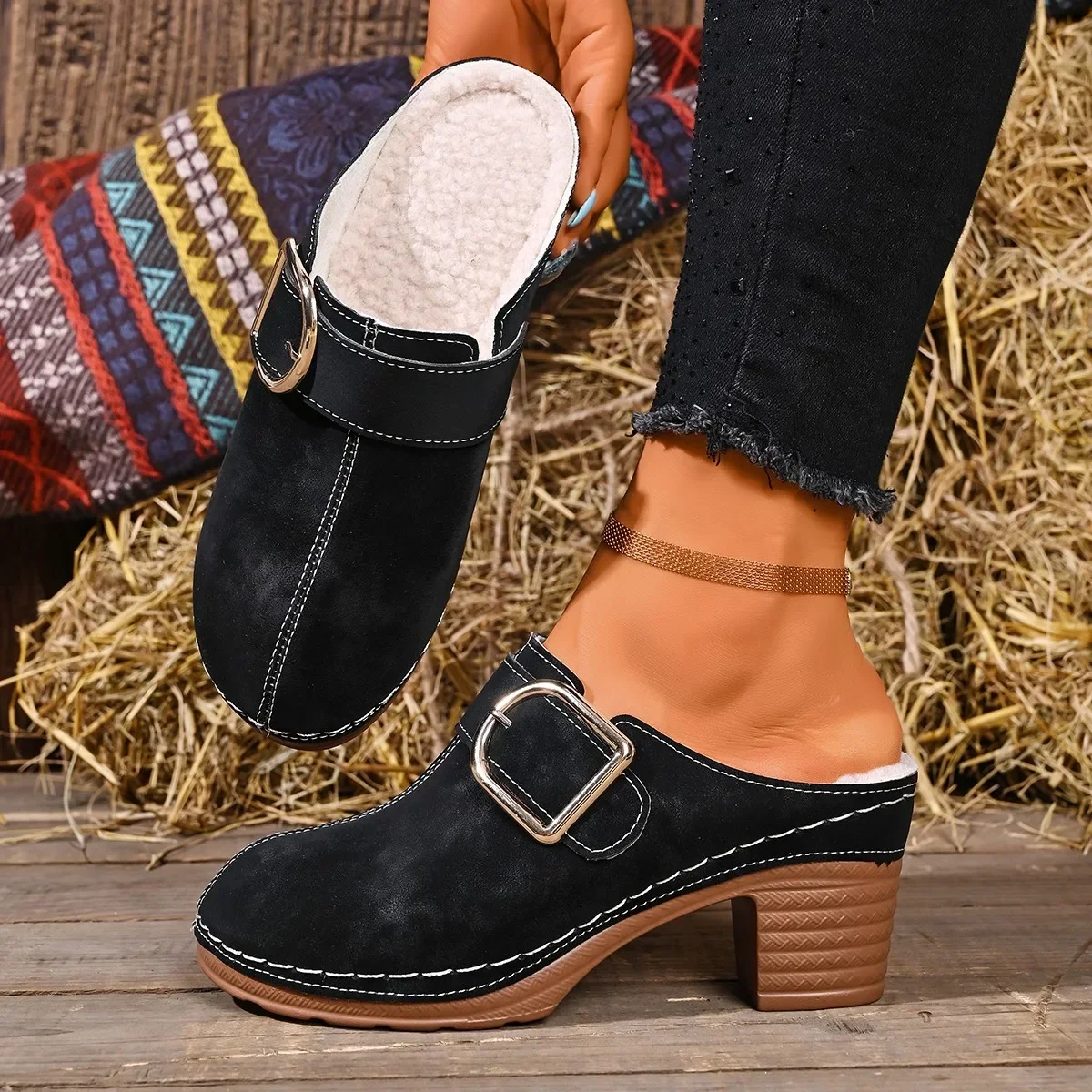 Women'S Shoes Clogs - Chinelos Mules Femininos com Salto Grosso,